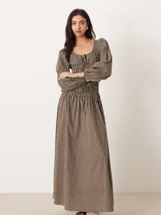 Glamorous Dresses & Skirts - Glamorous Dropped Waist Shirred Maxi Dress | Brown Blue Stripes | Size 8 | NWT